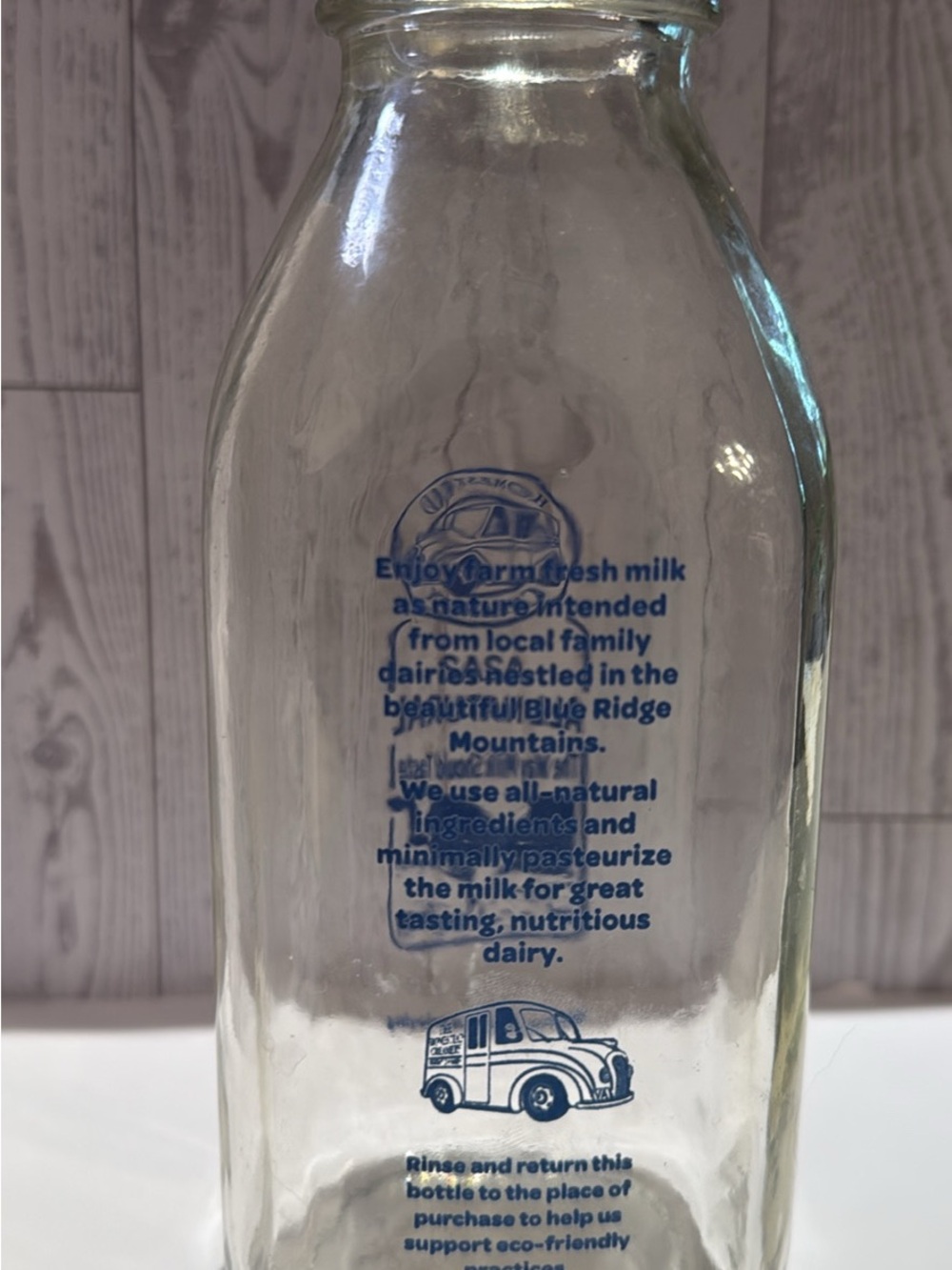 Clear Glass Milk Bottle with Blue Farm Print